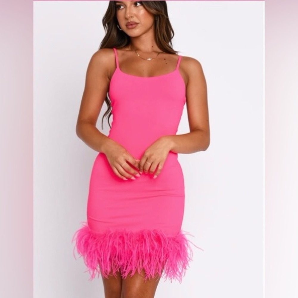 White Fox Vibrant Pink Feather Trim Dress Small NWOT